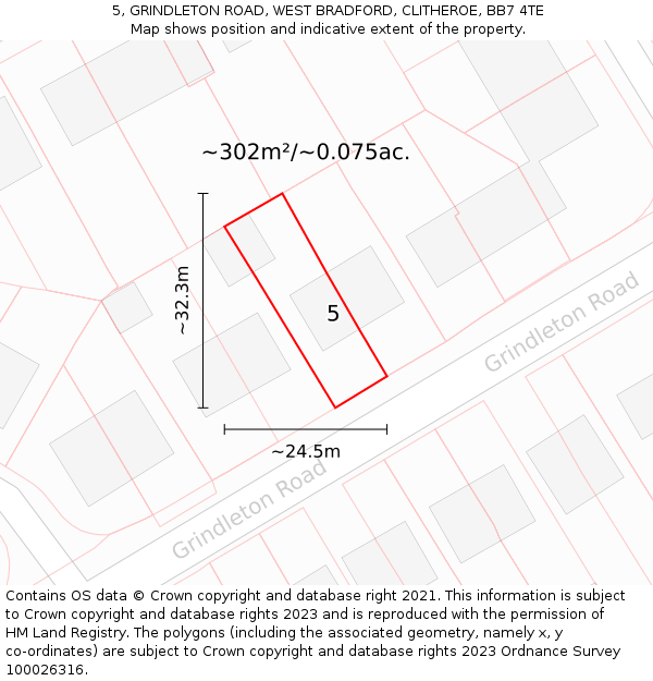 5, GRINDLETON ROAD, WEST BRADFORD, CLITHEROE, BB7 4TE: Plot and title map