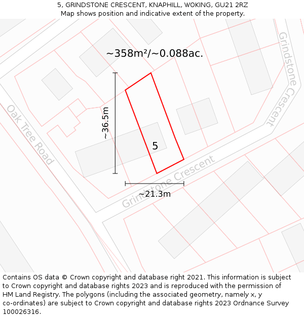 5, GRINDSTONE CRESCENT, KNAPHILL, WOKING, GU21 2RZ: Plot and title map