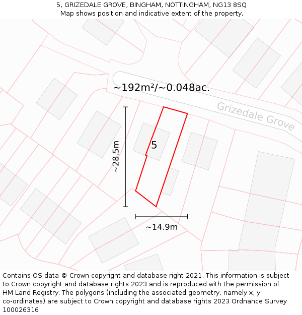 5, GRIZEDALE GROVE, BINGHAM, NOTTINGHAM, NG13 8SQ: Plot and title map
