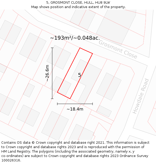 5, GROSMONT CLOSE, HULL, HU8 9LW: Plot and title map