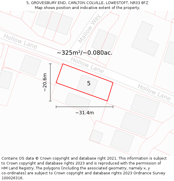 5, GROVESBURY END, CARLTON COLVILLE, LOWESTOFT, NR33 8FZ: Plot and title map