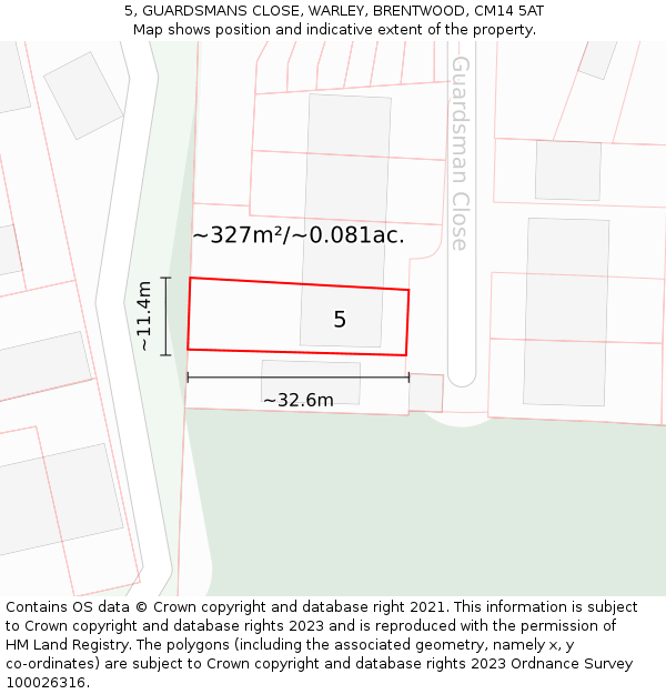 5, GUARDSMANS CLOSE, WARLEY, BRENTWOOD, CM14 5AT: Plot and title map