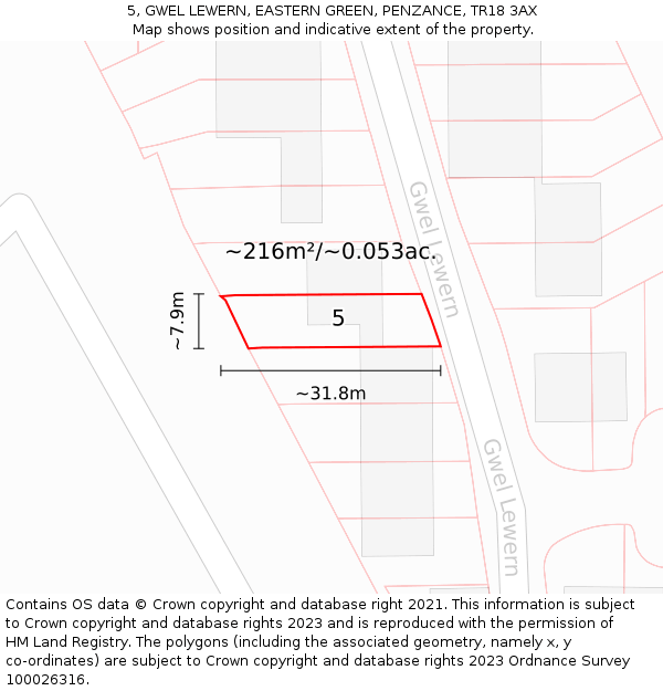 5, GWEL LEWERN, EASTERN GREEN, PENZANCE, TR18 3AX: Plot and title map