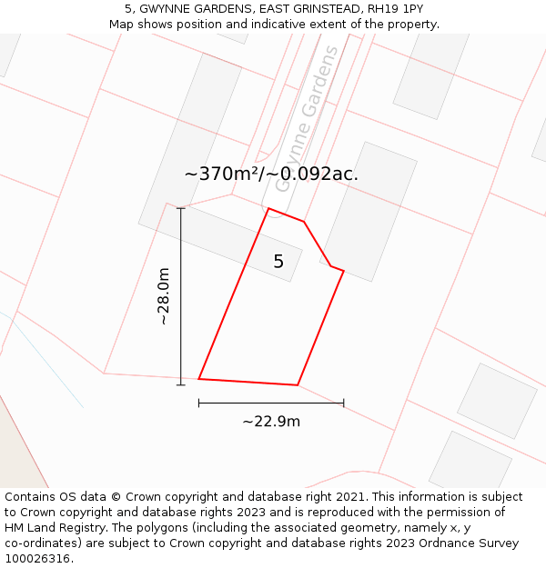 5, GWYNNE GARDENS, EAST GRINSTEAD, RH19 1PY: Plot and title map