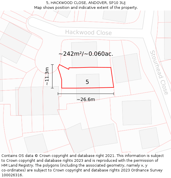 5, HACKWOOD CLOSE, ANDOVER, SP10 3UJ: Plot and title map
