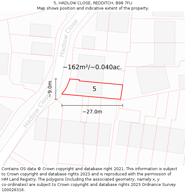 5, HADLOW CLOSE, REDDITCH, B98 7FU: Plot and title map