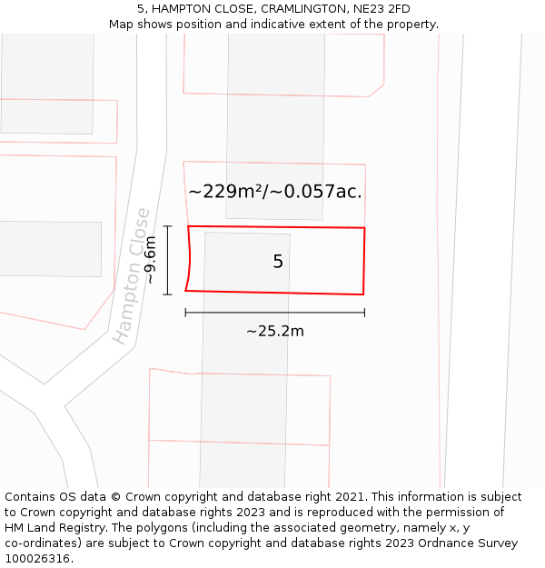 5, HAMPTON CLOSE, CRAMLINGTON, NE23 2FD: Plot and title map