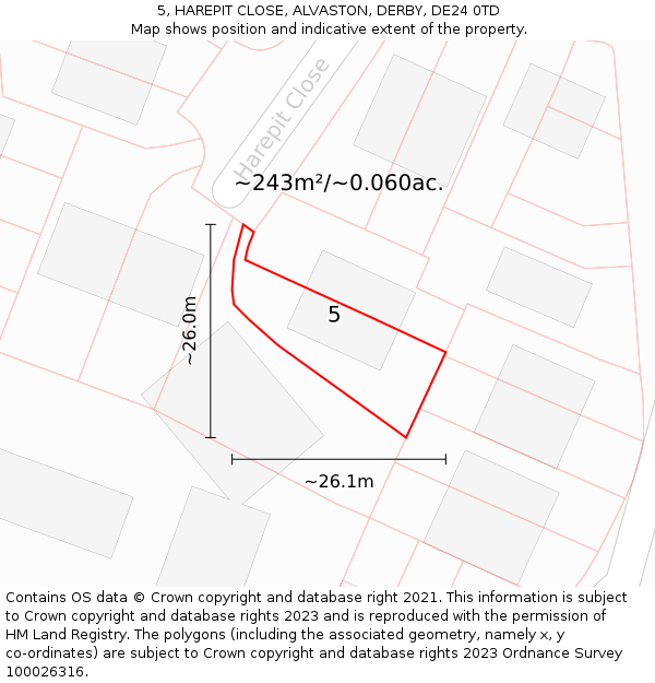 5, HAREPIT CLOSE, ALVASTON, DERBY, DE24 0TD: Plot and title map
