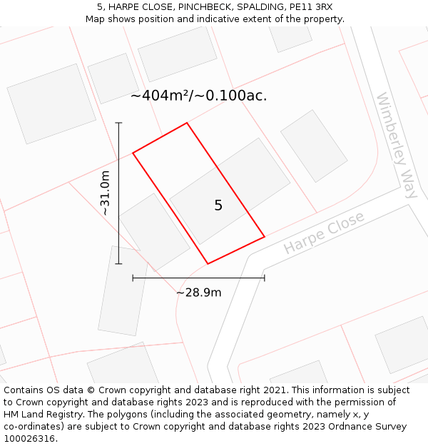 5, HARPE CLOSE, PINCHBECK, SPALDING, PE11 3RX: Plot and title map