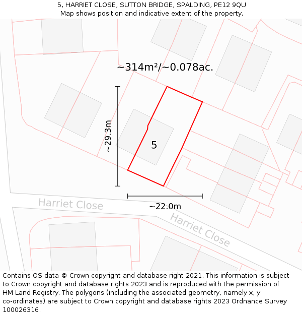 5, HARRIET CLOSE, SUTTON BRIDGE, SPALDING, PE12 9QU: Plot and title map