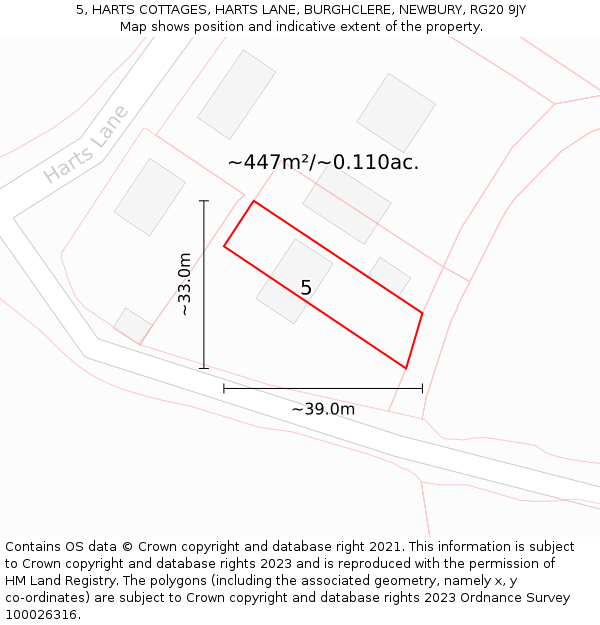 5, HARTS COTTAGES, HARTS LANE, BURGHCLERE, NEWBURY, RG20 9JY: Plot and title map