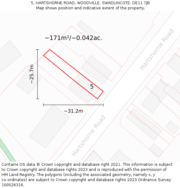 5, HARTSHORNE ROAD, WOODVILLE, SWADLINCOTE, DE11 7JB: Plot and title map