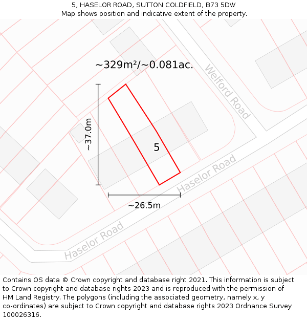 5, HASELOR ROAD, SUTTON COLDFIELD, B73 5DW: Plot and title map