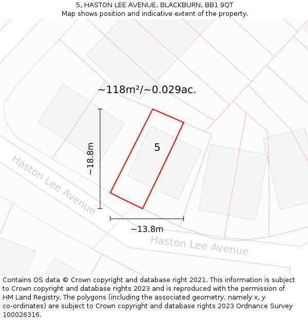 5, HASTON LEE AVENUE, BLACKBURN, BB1 9QT: Plot and title map