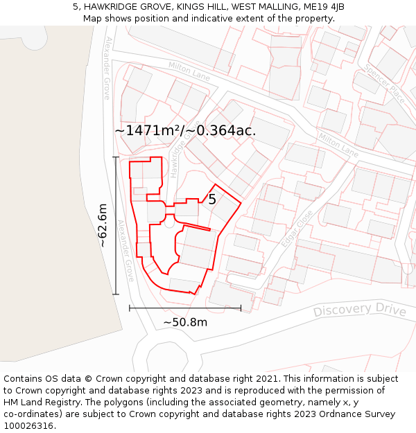 5, HAWKRIDGE GROVE, KINGS HILL, WEST MALLING, ME19 4JB: Plot and title map
