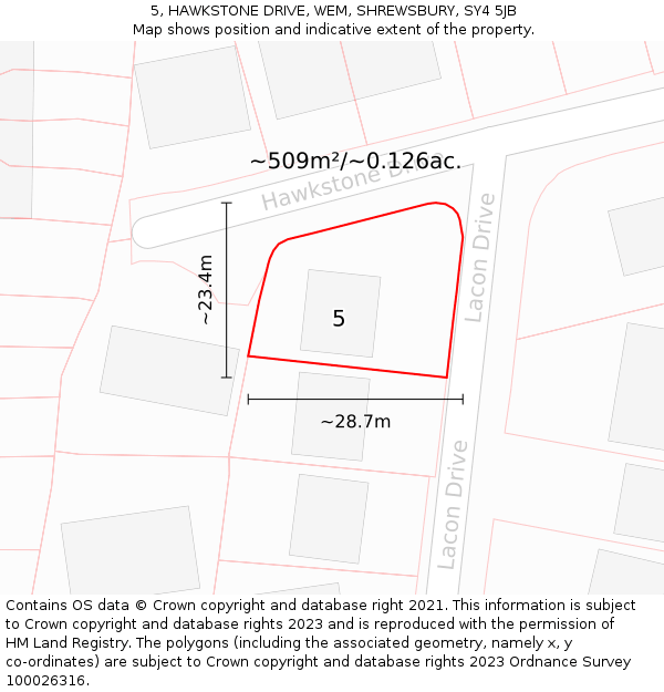 5, HAWKSTONE DRIVE, WEM, SHREWSBURY, SY4 5JB: Plot and title map