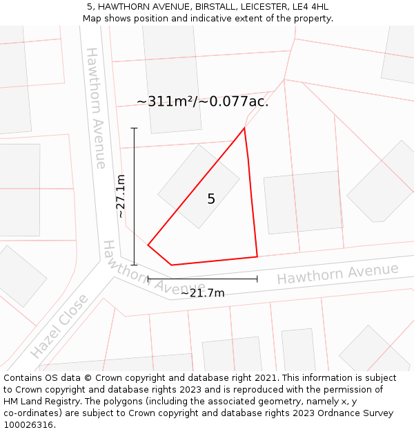 5, HAWTHORN AVENUE, BIRSTALL, LEICESTER, LE4 4HL: Plot and title map