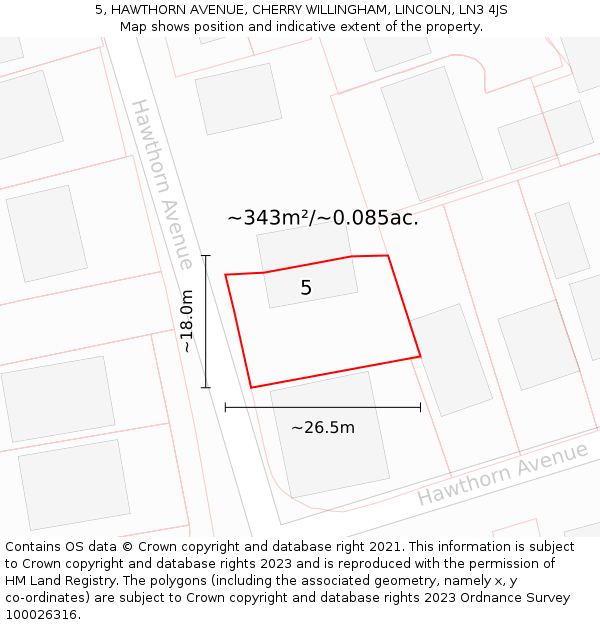 5, HAWTHORN AVENUE, CHERRY WILLINGHAM, LINCOLN, LN3 4JS: Plot and title map