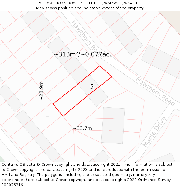 5, HAWTHORN ROAD, SHELFIELD, WALSALL, WS4 1PD: Plot and title map