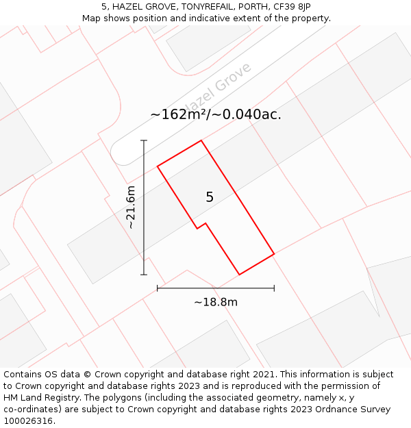5, HAZEL GROVE, TONYREFAIL, PORTH, CF39 8JP: Plot and title map