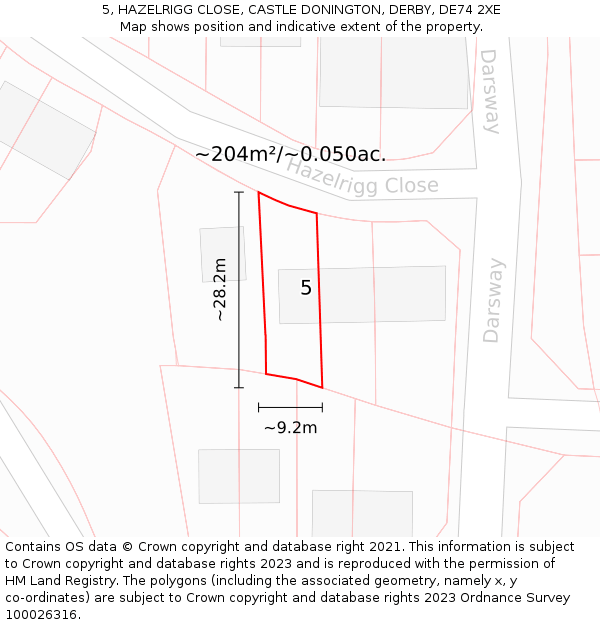 5, HAZELRIGG CLOSE, CASTLE DONINGTON, DERBY, DE74 2XE: Plot and title map