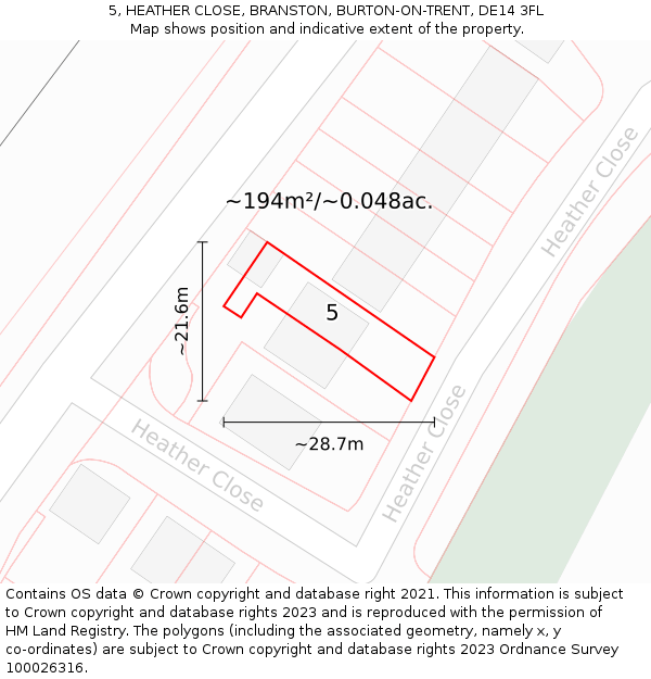 5, HEATHER CLOSE, BRANSTON, BURTON-ON-TRENT, DE14 3FL: Plot and title map