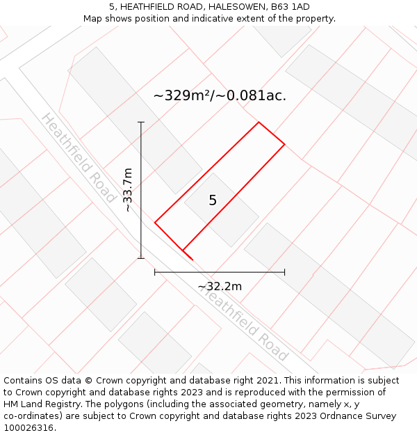 5, HEATHFIELD ROAD, HALESOWEN, B63 1AD: Plot and title map