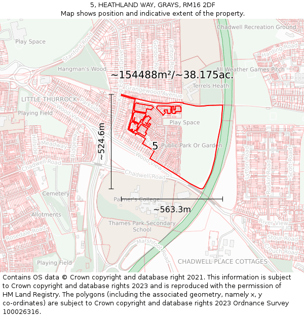 5, HEATHLAND WAY, GRAYS, RM16 2DF: Plot and title map