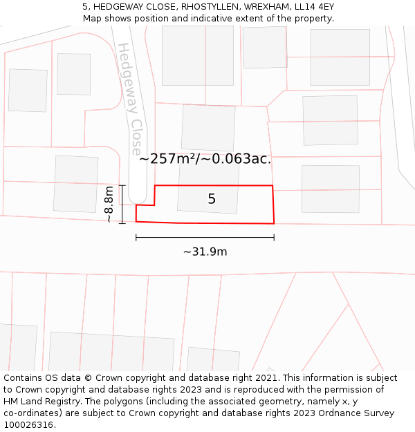 5, HEDGEWAY CLOSE, RHOSTYLLEN, WREXHAM, LL14 4EY: Plot and title map