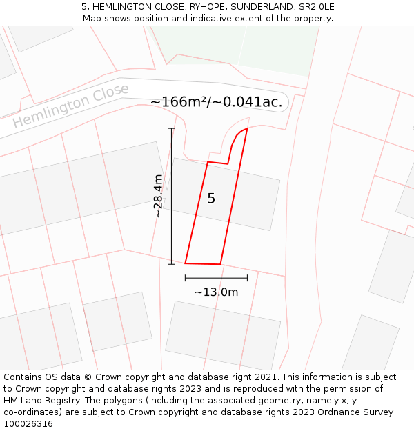 5, HEMLINGTON CLOSE, RYHOPE, SUNDERLAND, SR2 0LE: Plot and title map