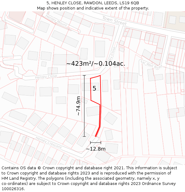 5, HENLEY CLOSE, RAWDON, LEEDS, LS19 6QB: Plot and title map