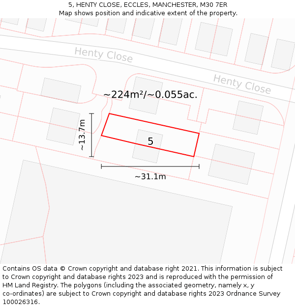 5, HENTY CLOSE, ECCLES, MANCHESTER, M30 7ER: Plot and title map