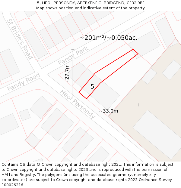 5, HEOL PERSONDY, ABERKENFIG, BRIDGEND, CF32 9RF: Plot and title map
