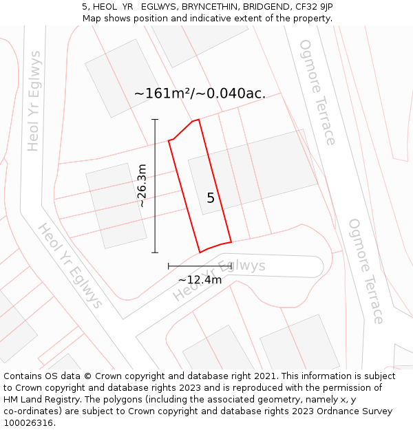 5, HEOL  YR   EGLWYS, BRYNCETHIN, BRIDGEND, CF32 9JP: Plot and title map
