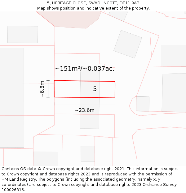 5, HERITAGE CLOSE, SWADLINCOTE, DE11 9AB: Plot and title map