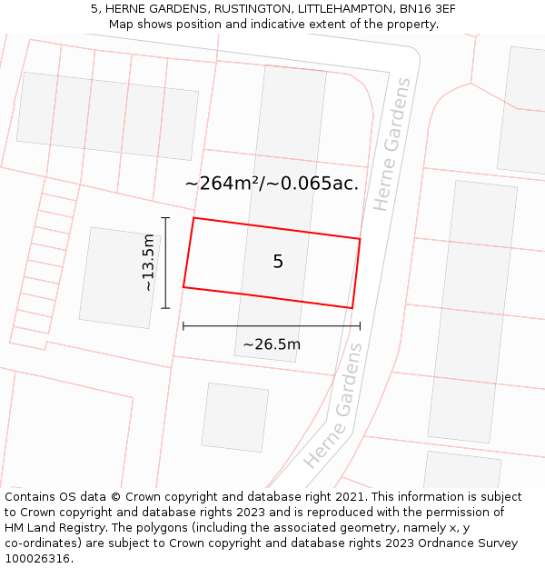 5, HERNE GARDENS, RUSTINGTON, LITTLEHAMPTON, BN16 3EF: Plot and title map