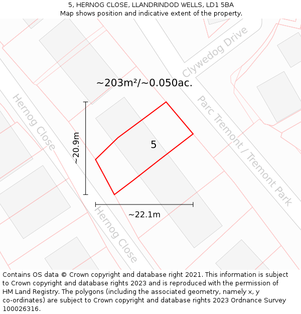 5, HERNOG CLOSE, LLANDRINDOD WELLS, LD1 5BA: Plot and title map
