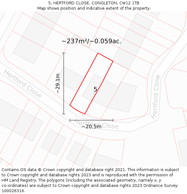5, HERTFORD CLOSE, CONGLETON, CW12 1TB: Plot and title map