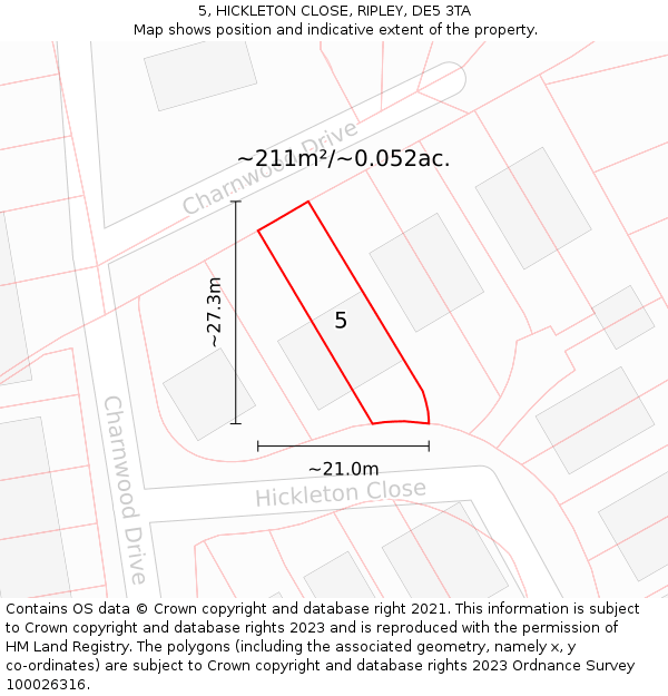 5, HICKLETON CLOSE, RIPLEY, DE5 3TA: Plot and title map