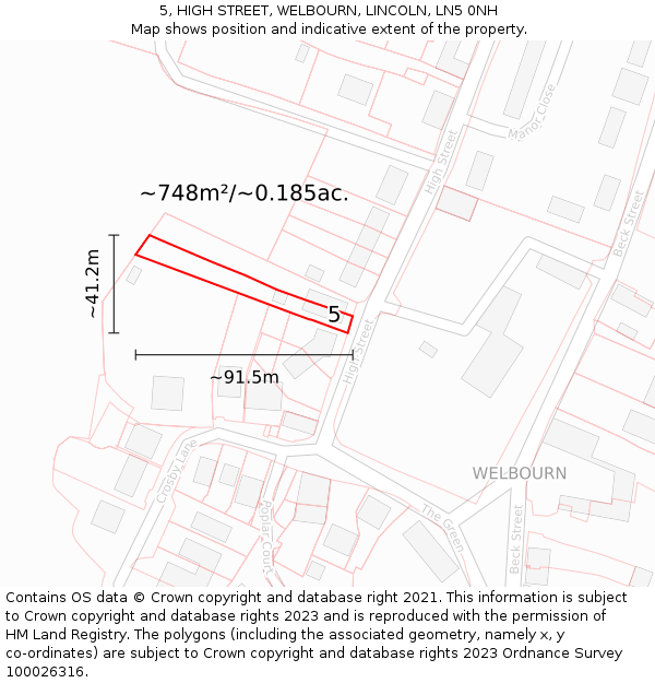 5, HIGH STREET, WELBOURN, LINCOLN, LN5 0NH: Plot and title map