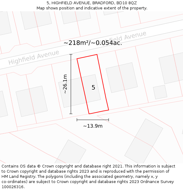 5, HIGHFIELD AVENUE, BRADFORD, BD10 8QZ: Plot and title map