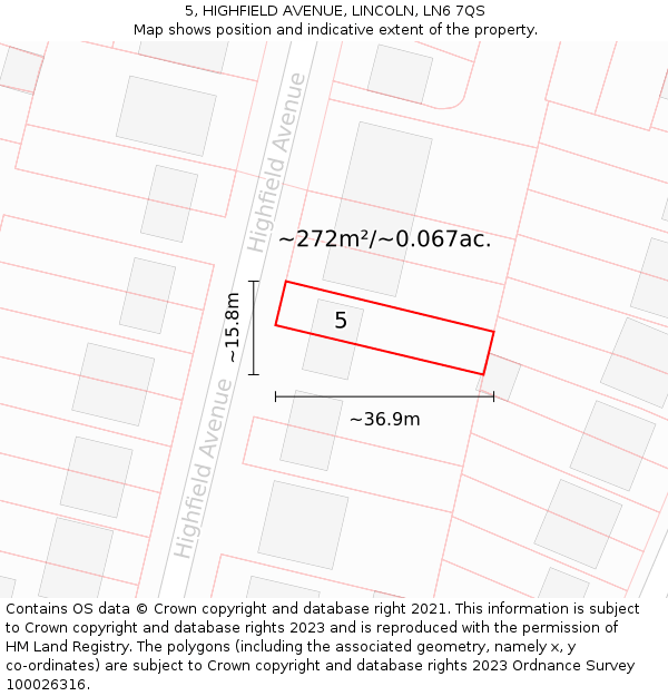 5, HIGHFIELD AVENUE, LINCOLN, LN6 7QS: Plot and title map