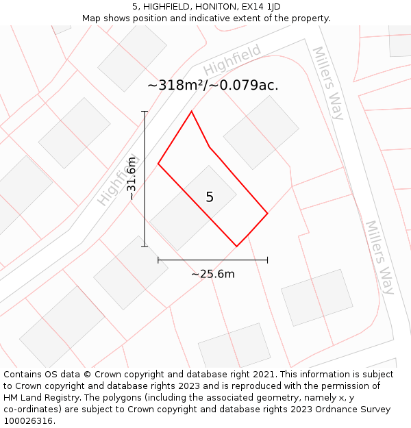 5, HIGHFIELD, HONITON, EX14 1JD: Plot and title map
