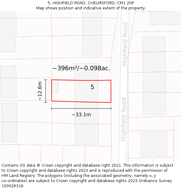 5, HIGHFIELD ROAD, CHELMSFORD, CM1 2NF: Plot and title map