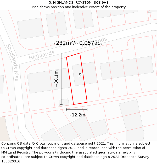 5, HIGHLANDS, ROYSTON, SG8 9HE: Plot and title map