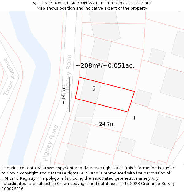 5, HIGNEY ROAD, HAMPTON VALE, PETERBOROUGH, PE7 8LZ: Plot and title map