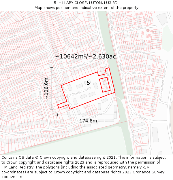 5, HILLARY CLOSE, LUTON, LU3 3DL: Plot and title map