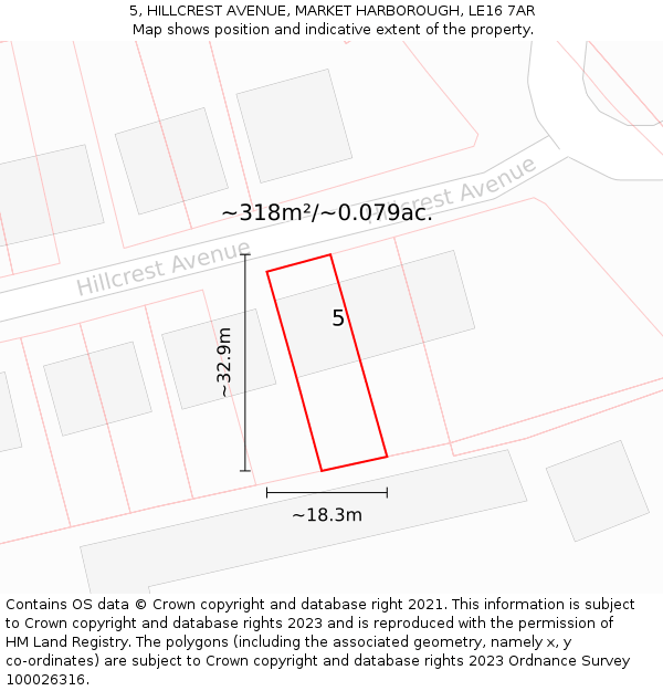 5, HILLCREST AVENUE, MARKET HARBOROUGH, LE16 7AR: Plot and title map