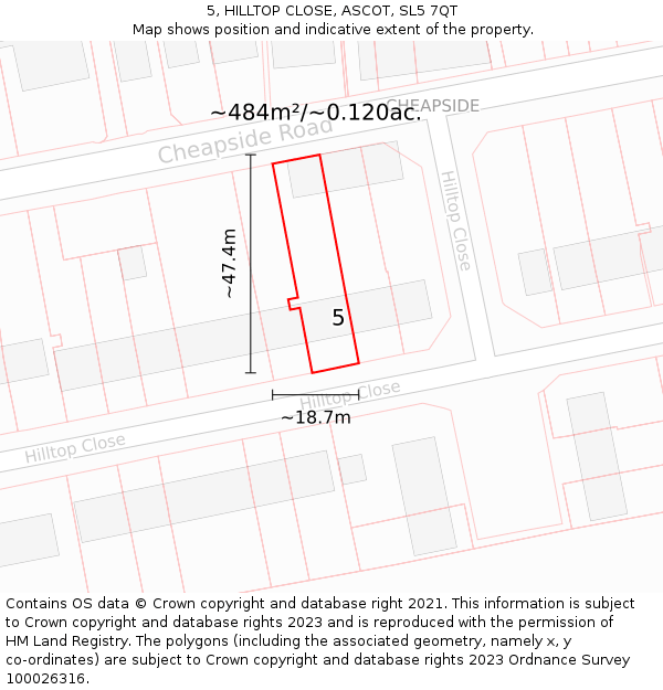 5, HILLTOP CLOSE, ASCOT, SL5 7QT: Plot and title map