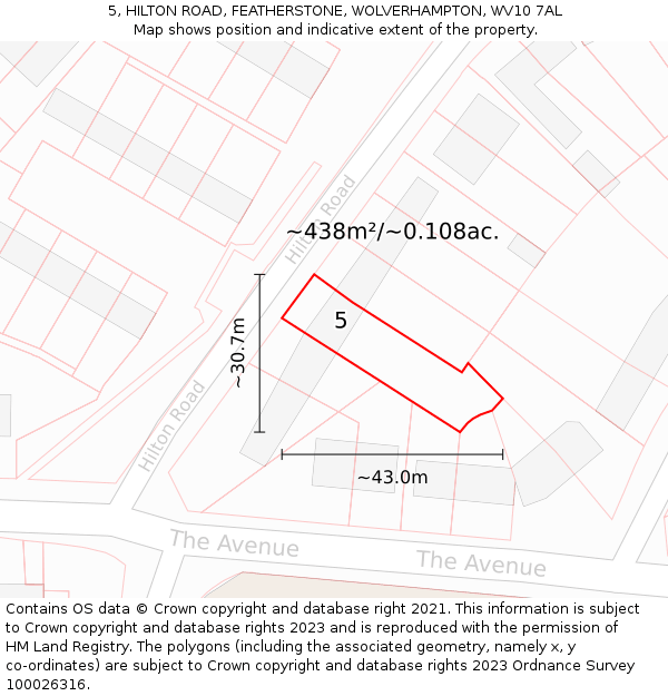 5, HILTON ROAD, FEATHERSTONE, WOLVERHAMPTON, WV10 7AL: Plot and title map